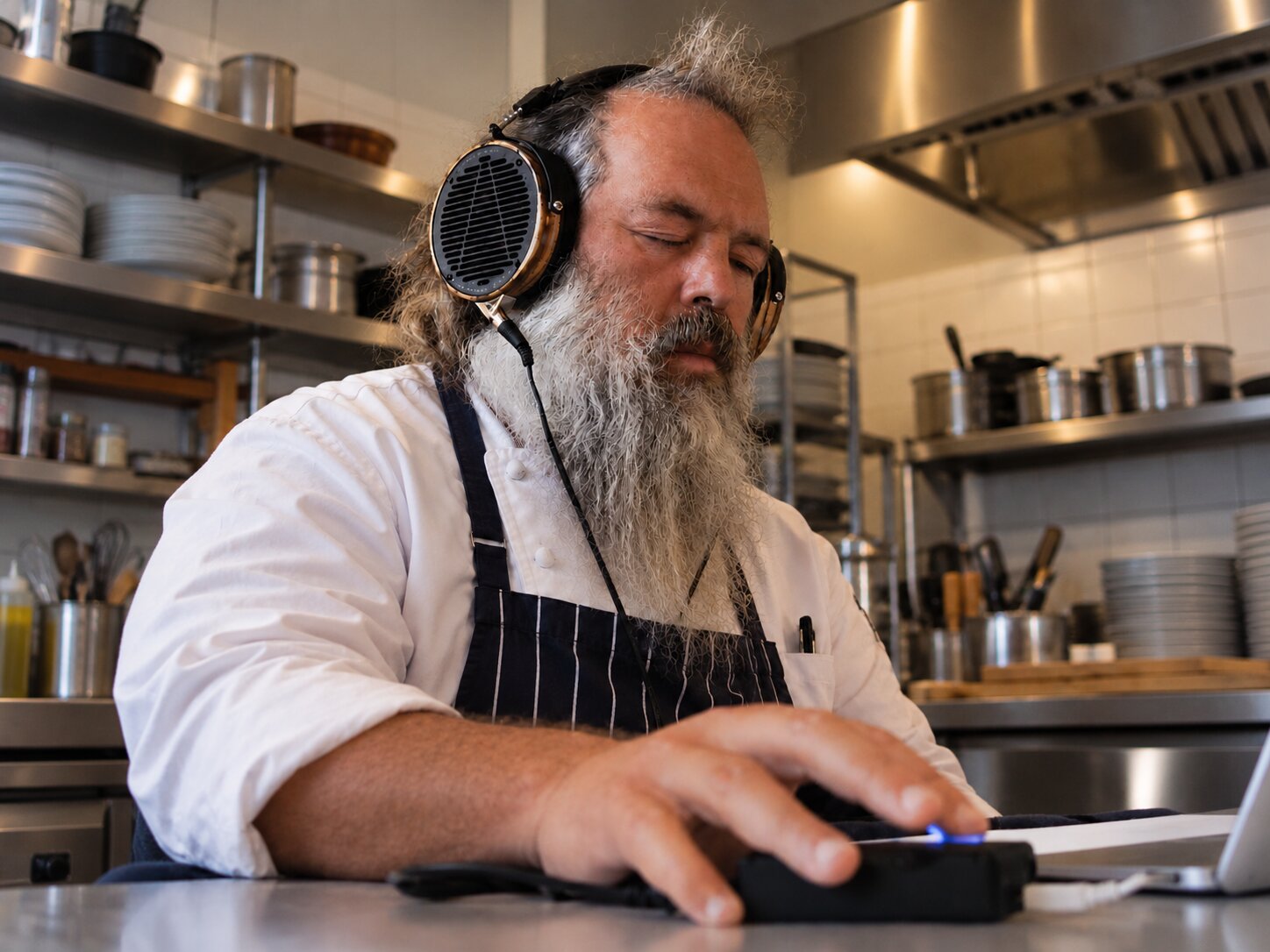 A long-bearded chef in whites and a striped apron, eyes closed, wearing big headphones at a laptop in a restaurant kitchen