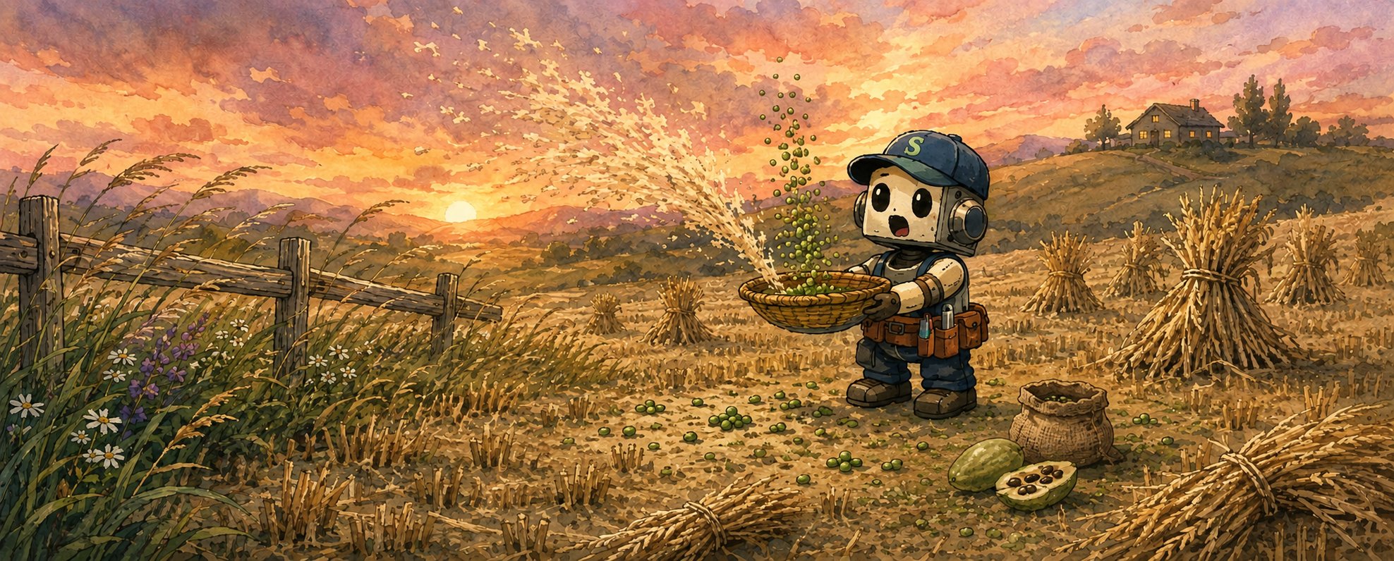 A little robot winnowing grain at sunset, with a pawpaw at its feet